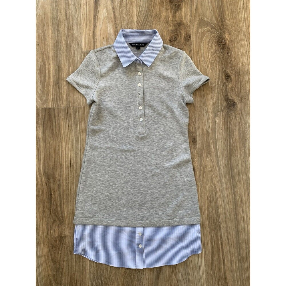Veronica Beard Mixed Media Polo Shirt Dress Gray Blue Striped XS